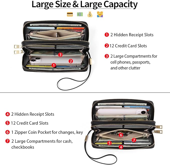 GAEKEAO Wallet for Women Clutch RFID Blocking Wristlet Leather Purse Large Capacity Credit Card Holder with Grip Hand Strap