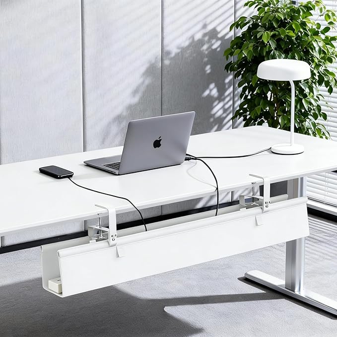 Oxford Cloth Under Desk Cable Management Tray,No-Drill 36" Desk Cable Management Organizer with Clip/Screw Installation,Fabric Cable Management for Home,Office & Gaming Computer(White)