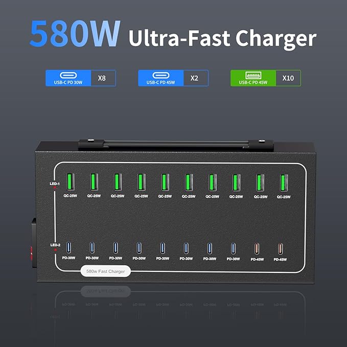 580W USB Charging Station, 20 Port (10 PD+10 QC) USB C Charger Block, Fast Charging Station for Multiple Devices with Smart Power Delivery for iPhone, iPad, Tablet and More