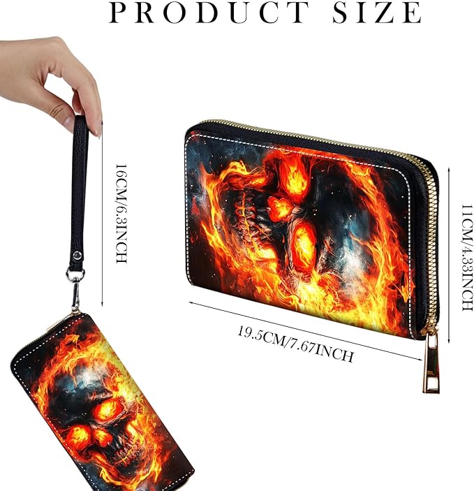 Zip Around Wallets for Women with Detachable Wrist Strap, Large Capacity RFID Blocking Leather Purse Organizer Card Holder Wristlet,Red Fire Skull