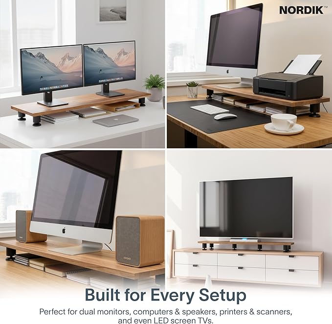 Nordik Large Dual Monitor Riser for 2 - 42.5 Inch Premium Handmade Hardwood Acacia Computer - Wood Shelf Desk Organizer Television - Laptop TV Stand with Storage Organizer for Desk Accessories (Brown)
