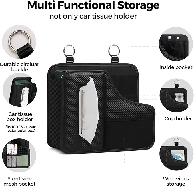 Car Tissue Holder,Back Seat Organizer with Cup Holder,Multifunctional Car Headrest Seat Back Storage,Large Tissue Box Cover Fit for 100-130 Regular Size Tissues(2pcs)