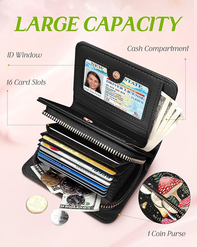 Bistup Credit Card Holder Wallet for Women Cute Leather Ladies Teen Girls Female Cardholder Wallets Accordion Purse Small Medium Aesthetic Print Mushroom Skull Unique Modern Y2k Rfid Zipper Around