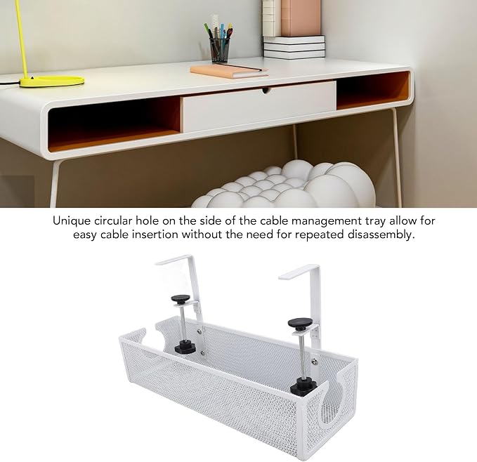 Under Desk Cable Management Tray, Carbon Steel Cord Organizer with Side Round Hole and Trapezoidal Design, Metal Desk Cable Management System for Office Study Workstation (White)