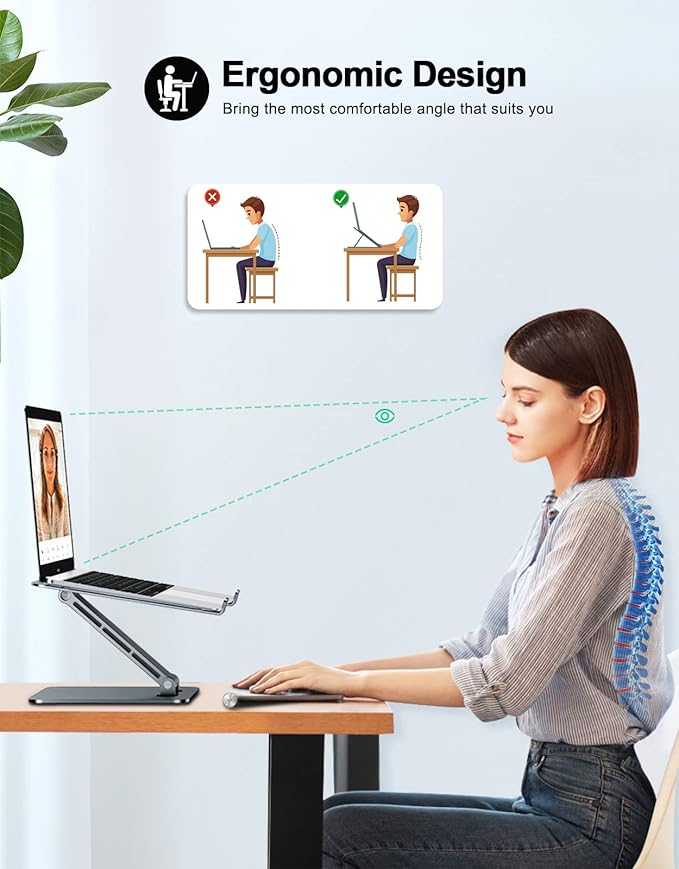 RIWUCT Foldable Laptop Stand, Height Adjustable Ergonomic Computer Stand for Desk, Aluminum Portable Laptop Riser Holder Notebook Mount Compatible with MacBook Pro Air, HP, Dell 10-16"(Gray)
