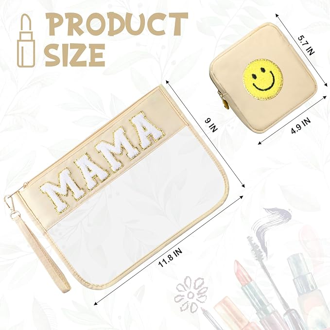 Hillban 2 Pcs Mom Gifts Mama Makeup Bag for Hospital Chenille Letter Pouch Preppy Patch Beach Travel Bags Aesthetic Waterproof Portable Toiletry Storage