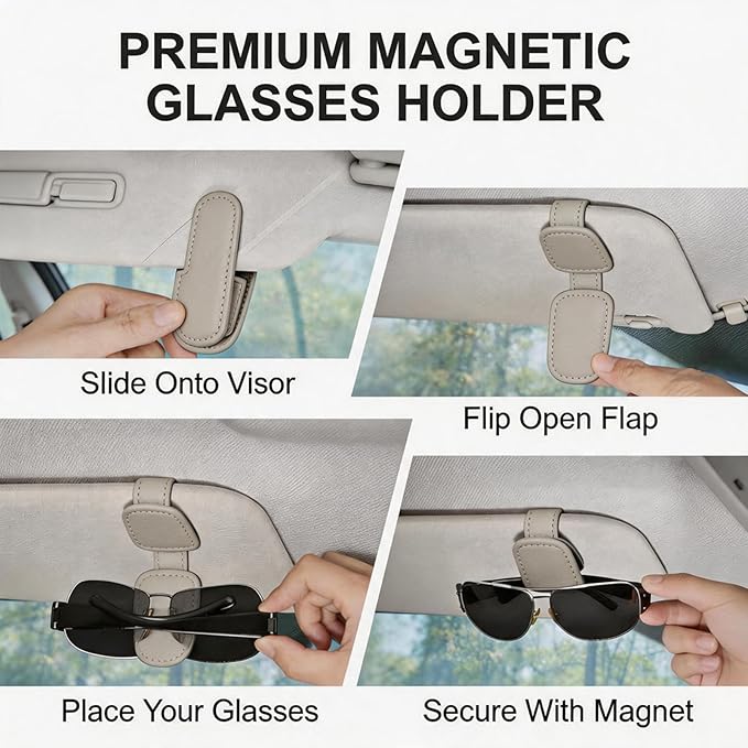 3 Pack Leather Magnetic Sunglass Holder for Car Visor, Premium Leather with Magnetic Clip, Universal for Different Size Glasses, Ideal for Jeep and Other Vehicles, Car Accessories (Grey)