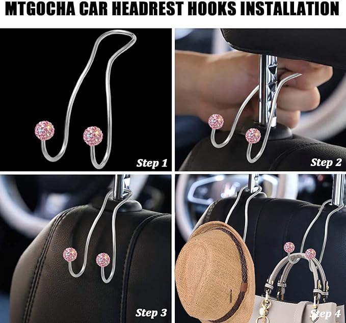 MTGOCHA Bling Purse Hook for Car Headrest, Upgraded Cute Car Seat Hooks for Bag Handbag, Durable Stainless Auto Purse Hanger Holder 2 Pack, Pink