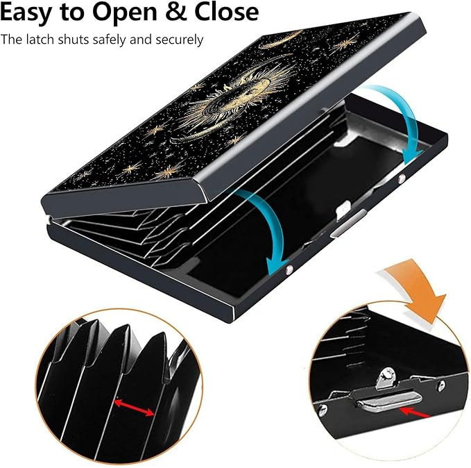 Credit Card Holder, Art Sun Moon Star Design Mini RFID Blocking Aluminum Wallet Slim Metal Hard Case Shell Travel Wallet ID Case Small Credit Cards Case Business Cards for Women Men Girls