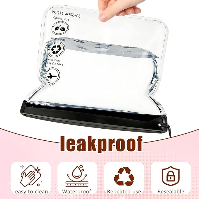 4-Pack 16 Mil Reusable TSA-Approved Toiletry Bag Tsa Quart Size Toiletry Bag with Gusseted Bottom | 1 Liter Leakproof Liquid Bag for Travel | 3-1-1 Compliant for US, UK & EU Flights (Black)