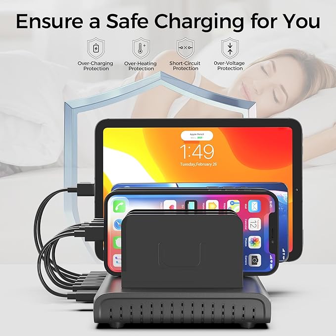 Unitek 10-Port Desktop Charging Dock Ultimate Charging Station for Multiple Devices, iPhones & Apple Products High-Speed USB Hub with LED Display for Office, Kitchen Counter, Desk Organizer