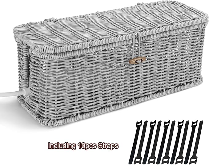 Cable Management Box, Desk Handwoven Rattan Cord Hider Cable Organizer Box With Lid Button Lock, Power Strip Cover Wicker Decorative Basket, Floor Wire Hiding Extension Cord Box (grey)