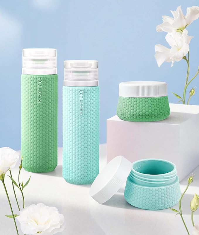 Travel Bottles for Toiletries 90ml with Cosmetic Jar 40ml Luxury Leather Pattern, Anti-Slip Silicone Premium Refillable Bottle Set with Facial Brush for Gym Men Women