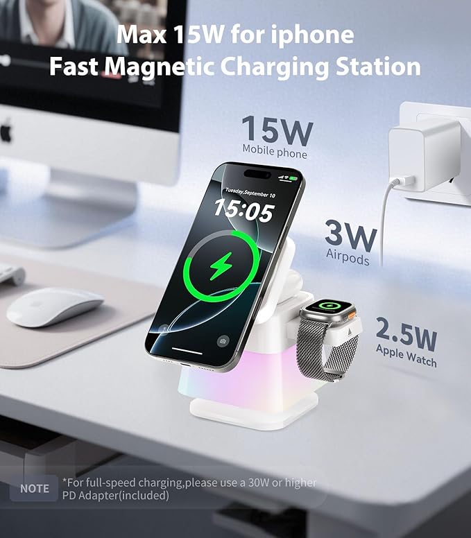 4 in 1 15W Charging Station for Apple, Magnetic Wireless Charger Stand [Colorful Night Light], Rotatable Charger Station for iPhone 17/16/15/14/13, Apple Watch, AirPods(Adapter Included)