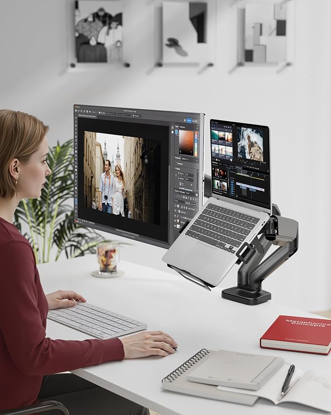 monTEK Laptop Arm Mount for Desk for Max 32” Screen and 18” Notebook, Dual Monitor Stand with Adjustable Laptop Holder, Holds up to 19.8 lbs, Full Motion Arm with Clamp/Grommet Base, 75/100 VESA Mount