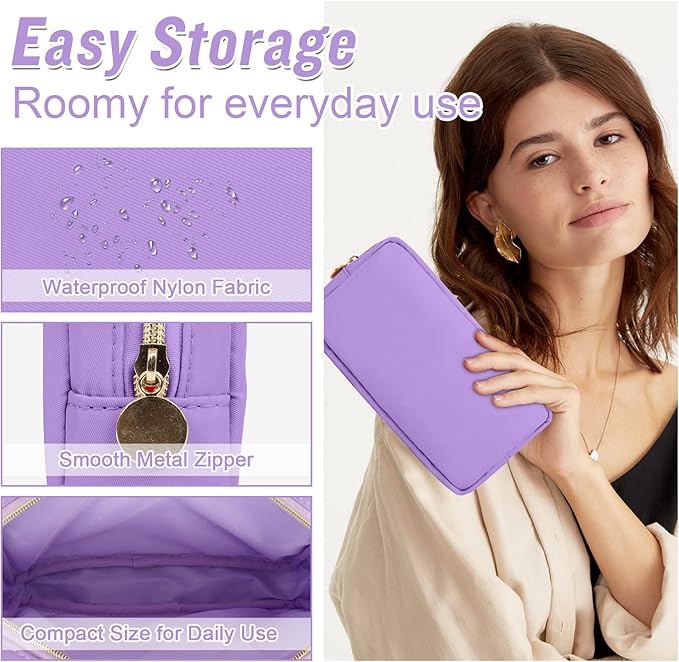 Nylon Small Makeup Bag for Purse, Cute Preppy Makeup Bag Cosmetic Zipper Pouch Purse, Waterproof Portable Travel Toiletry Bag Clutch Makeup Brush Bag Organizer Storage for Women Men Girls(Purple)