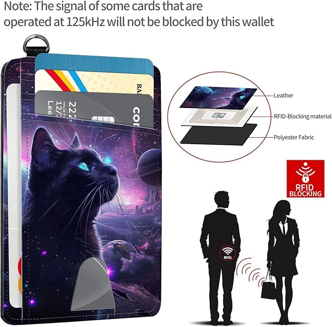 Slim RFID Blocking Card Holder Wallet with Wrist Strap - Minimalist Front Pocket Wallet, Galaxy Cat Design, PU Leathe, for Men & Women, Ideal for Travel & Gifts