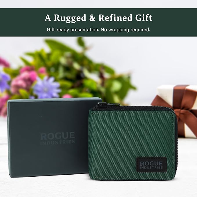 ROGUE WALLET Interior Genuine Leather Wallets for Men - RFID Blocking Robust Outer Nylon Wallets - Full Cash Slot and Expandable Coin Pouch - Gift for Men (Green)