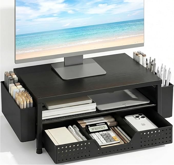 ECOLOVI Desk Organizer and Accessories, 2-Tier Computer Monitor Stand Rise with Storage Drawer & 2 Pen Holders, Laptop & Printer Stand for Desktop, Workspace Organizers for Office Supplies (Black Wood)