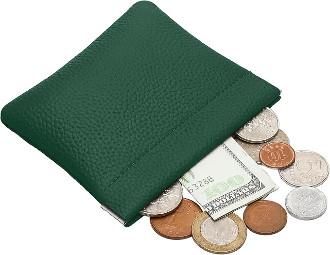 Genuine Leather Squeeze Coin Purse Pouch Change Holder For Men & Women Mini Change Purse Pouch for Pocket, Small Pouch Credit Card Key Headset Lipstick Holder (Green)