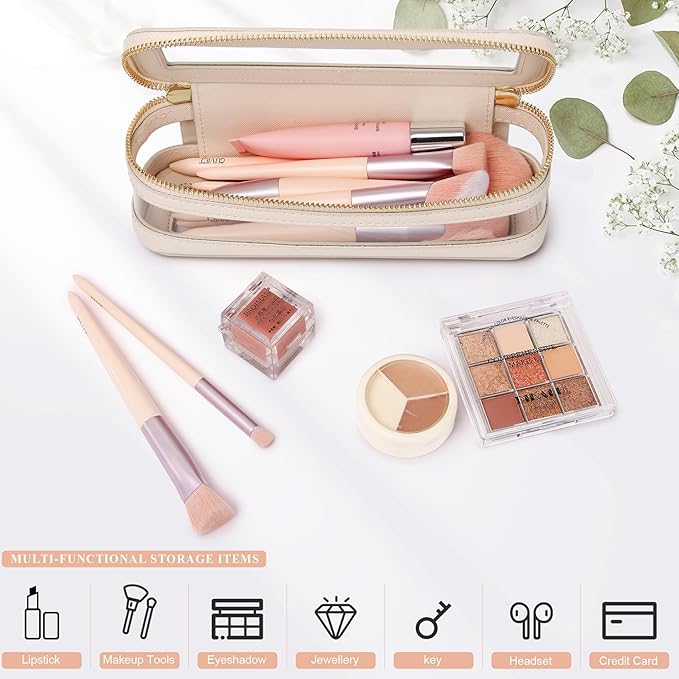 Pinkmik Makeup Brush Case Clear Travel Cosmetic & Toiletry Bag Slim Makeup Bag with Zipper Small Purse Organizer Car Essential Bag for Women (Beige, SLIM-1)