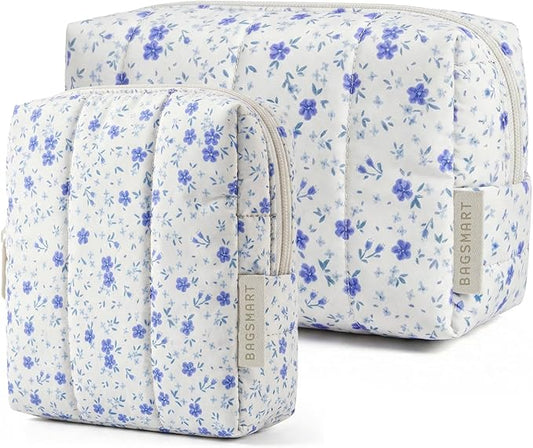 BAGSMART Makeup Bag Duo Set, Puffy Padded Travel Cosmetic Organizer with Slip-in Pockets, Large Toiletry Bag & Small Purse Pouch, Travel Essentials for Women, Blue Ditsy Floral