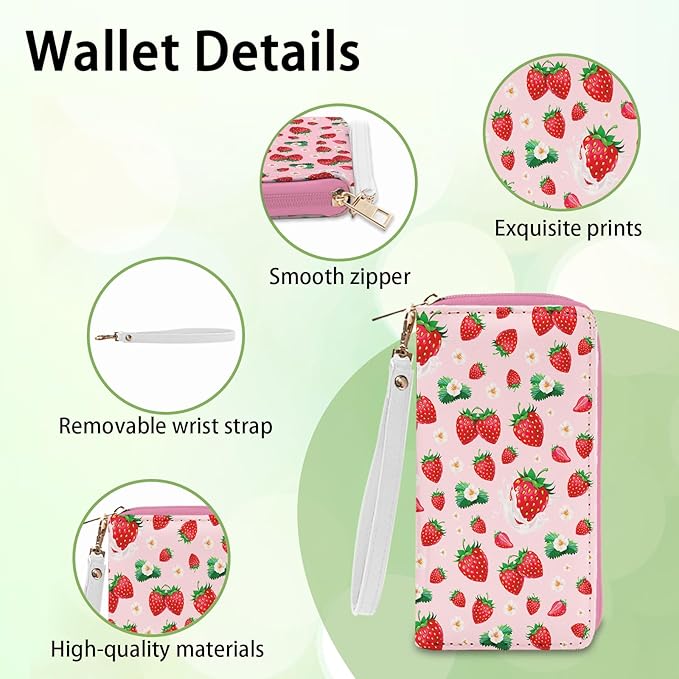 Strawberry Lovers Gift for Womens Wallet - Slim PU Leather Pink Strawberry Wallet for Women with Zipper, Credit Card Holder Wallets, Wristlet Wallets for Female Ladies Girls Birthday