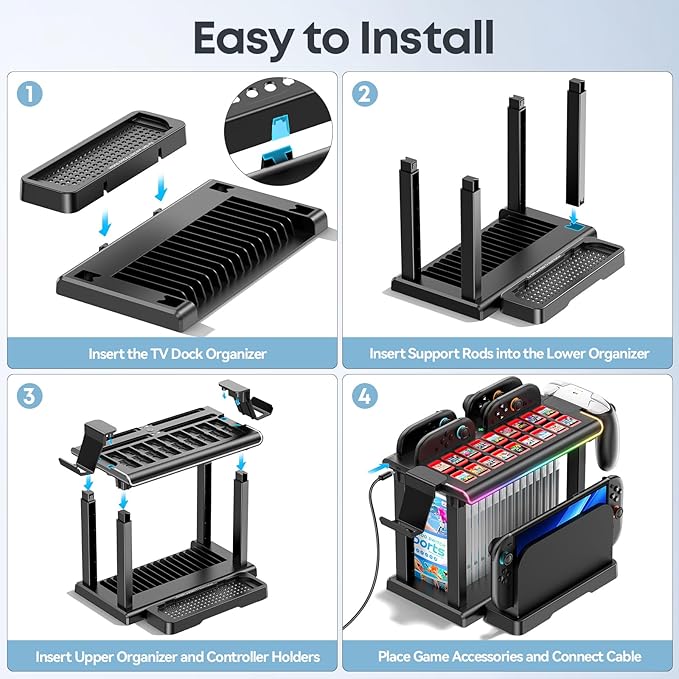 Switch 2/1/OLED RGB Organizer Station with Controller Charging Dock, Switch Storage Stand, Joycon 1/2 Charger, Gaming Accessories Holds TV Dock, 16 Game Cases, 18 Game Cards, and 2 Pro Controllers
