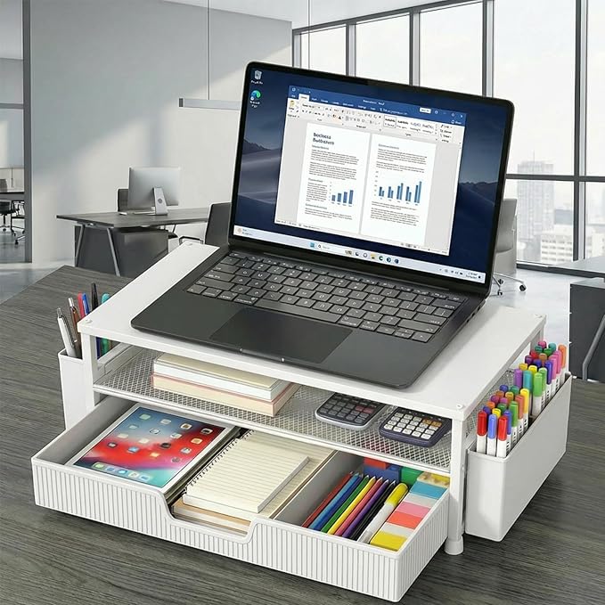 ECOLOVI Desk Organizer and Accessories, 2-Tier Computer Monitor Stand Rise with Storage Drawer & 2 Pen Holders, Laptop & Printer Stand for Desktop, Workspace Organizers for Office Supplies (White)