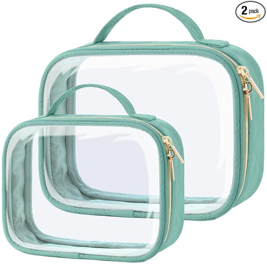 PACKISM Clear Makeup Bag Combo Pack, 1 TSA Approved Medium & Large for Checked Luggage, Clear Toiletry Bag with Handle, Water-resistant Travel Essentials Organizer, Turquoise Green