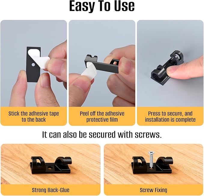 50 Pcs Self Adhesive Cable Clips,Upgraded Cable Management with Screw Hole,Strong Cord Organizer for Under Desk,Car,TV PC,Christmas Light Indoor/Outdoor-Black S