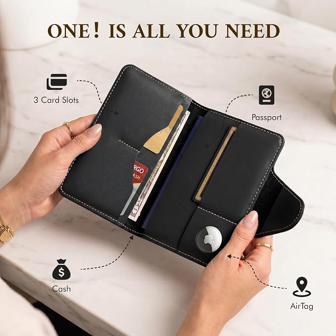 ALLIVE Genuine Leather Passport Holder for Travel Essentials, RFID Blocking Passport Wallet with Built-in AirTag Slot, Passport Cover Case for Travel Must Haves Accessories (Midnight Black)
