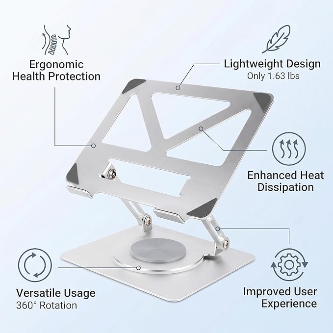 360 Rotating Aluminum Laptop Stand, Adjustable & Foldable Ergonomic Computer Stand, Compatible with MacBook, iPad, Dell, HP up to 16 Inches for Home & Office, Silver