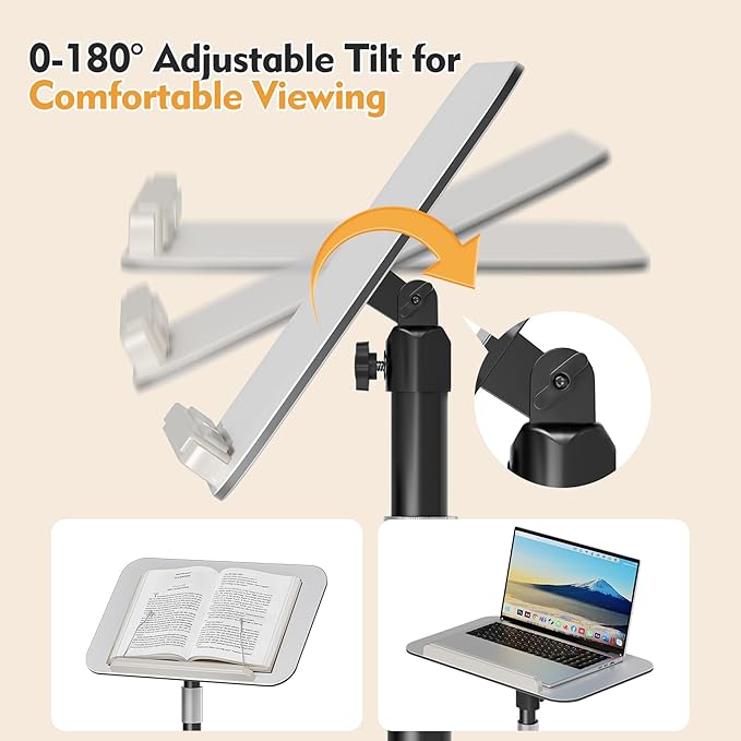 Floor Book Stand - Height Adjustable 26.4-56.3" Reading Holder with Page Clips, 180° Tilting Aluminum Panel for Heavy Books, Sheet Music, Laptops & Projectors - Portable Podium Stand