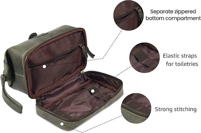 LEATHER VILLAGE Genuine Leather Dopp Kit – Large Travel Toiletry Bag with Waterproof Lining, Dual-Zip Design for Men & Women, Organizer for Shaving, Makeup & Essentials - Olive