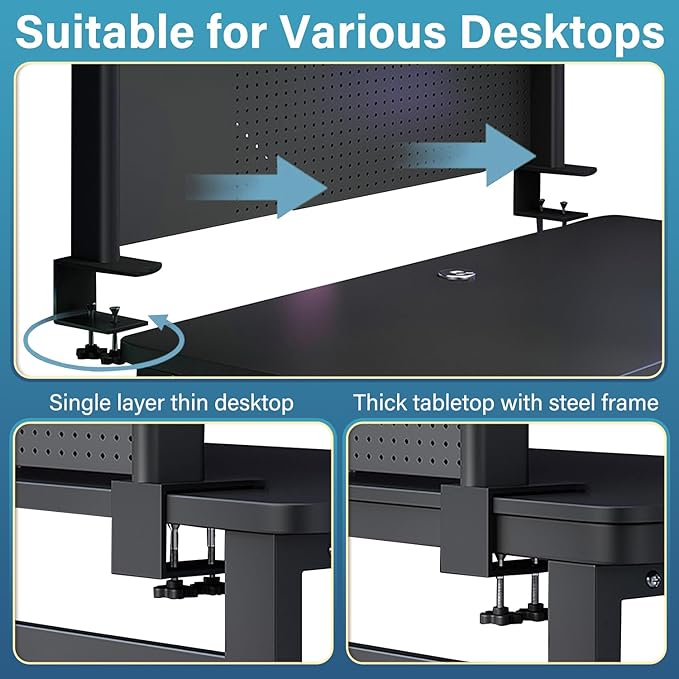 Clamp On Desk Organizer Shelf, Desk Pegboard, Computer Desk Accessories for Office, Privacy Panel for Gaming Desk, Clamp-on Desktop Shelving System,Black (23.6in)