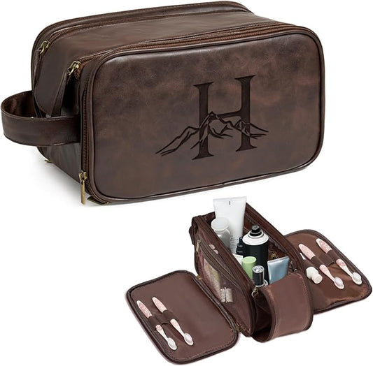 Janhavi Leather Toiletry Bag for Men, Gifts for Father, Engraved Initials & Mountain, Waterproof Travel Bag, Groomsmen Gifts, Mens Toiletry Travel Bag, Men's Accessories Organizer (Dark Brown H)