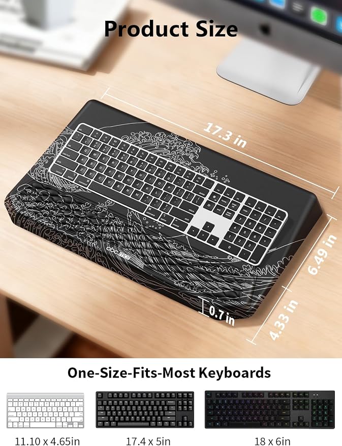 2-in-1 Ergonomic Keyboard Stand with Wrist Rest, Comfy Keyboard Riser Holder with Massage Design, Black Wave of Kanagawa