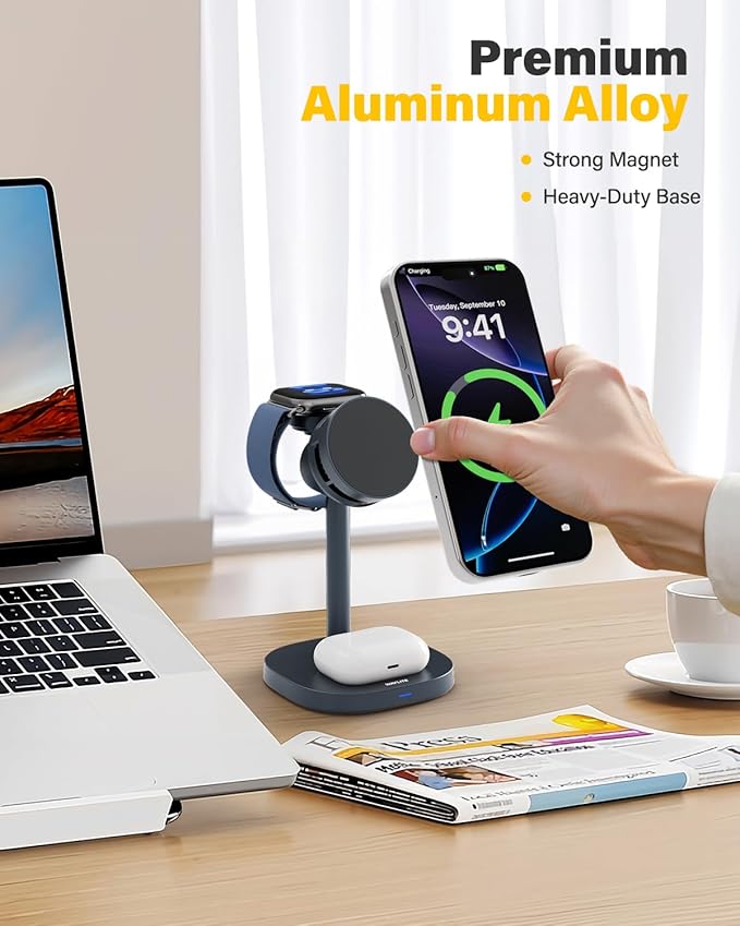 3 in 1 Wireless Charging Station for Apple MagSafe Charger Stand,15W Fast Phone and Watch Charger with TEC Cooling, Magnetic Wireless Charger for iPhone17 16 15 14 13, Apple Watch, AirPods, Gray