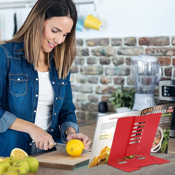 Honagu Book Stand Metal Desk Book Holder, Book Holders for Reading Hands Free, Adjustable Cookbook Documents Holder, Portable Bookstand for Music Books, Textbook, Recipe, Tablet, Ipad (Red)