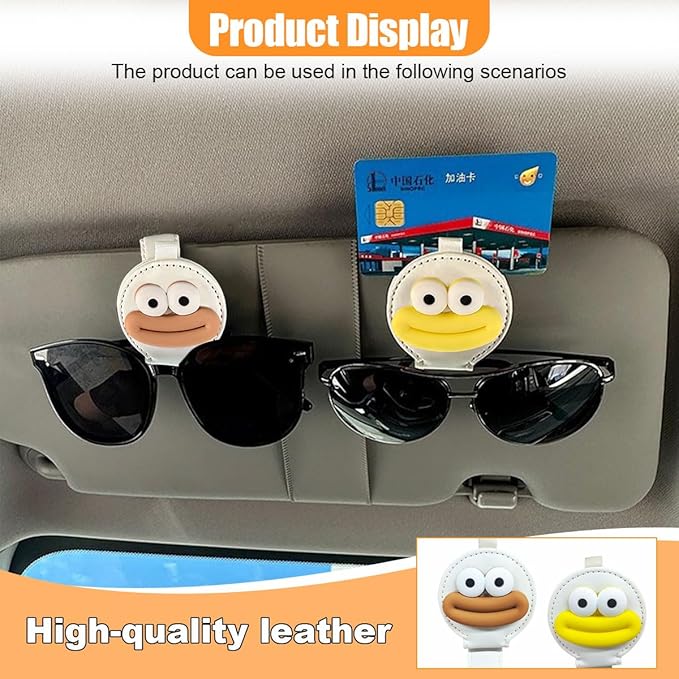 2PCS Sunglasses Holder for Car Visor, Magnetic Leather Ticket Card Clip, Sausage Mouth Sunglass Mount for Different Size Eyeglass, Cartoon Car Visor Decoration Accessory (Brown/Yellow/White)