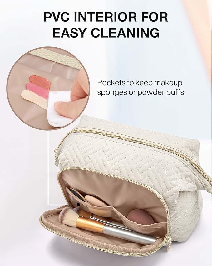 BAGSMART Travel Makeup Bag, Cosmetic Bag Small Make Up Organizer Case,Wide-open Pouch for Women Purse for Toiletries Accessories Brushes,Large Beige
