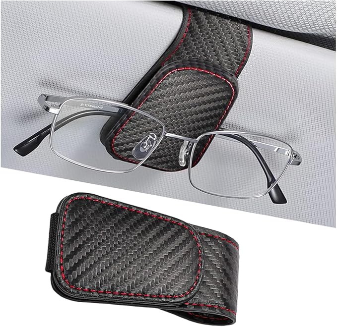 Sunglasses Holder for Car Visor, Microfiber Leather Magnetic Sun Visor Eyeglasses Hanger & Ticket Card Clip, Multi-Function Automotive Interior Glasses Mount, Universal Fit (Carbon Fiber)
