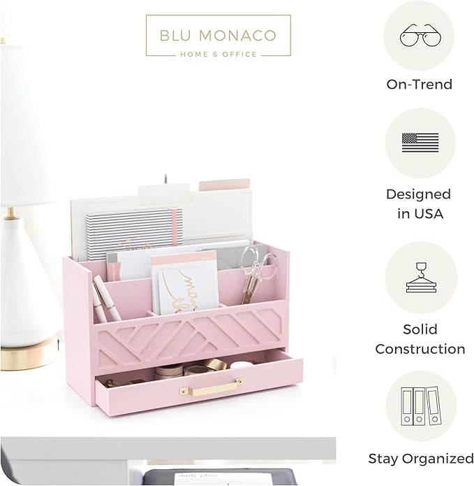 BLU MONACO | Pink Desk Organizers Wooden Mail Organizer with Drawer | Mail Sorter Organizer Countertop Gold Handle | Desk Organizers and Accessories Pink Office Storage