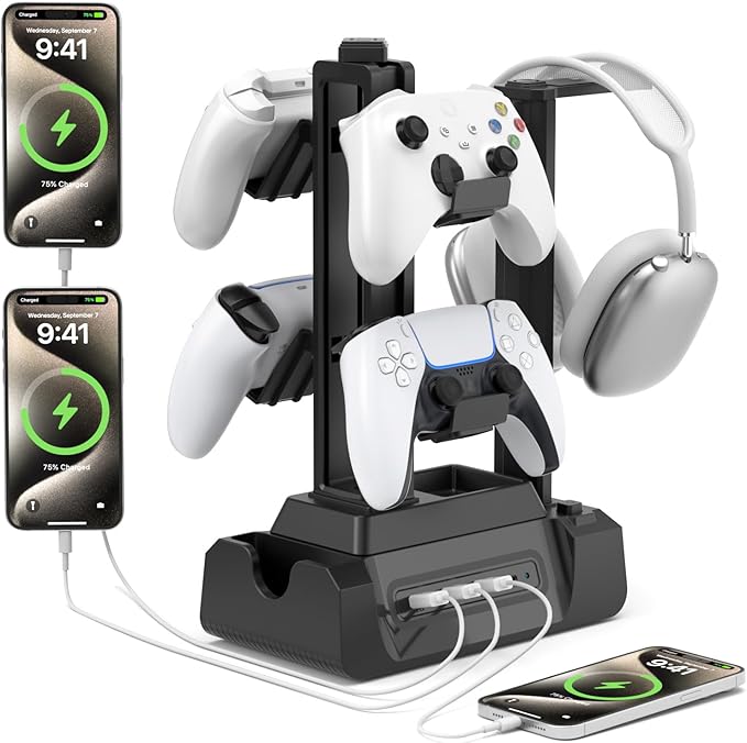KDD Charging Station for Multiple Devices - 4 Ports Charging Dock with Controller and Headset Stand - 3 USB A & 1 USB C for Cellphone Tablet and Other Electronic - Multi Storage for Gaming Accessories