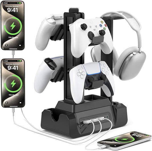 KDD Charging Station for Multiple Devices - 4 Ports Charging Dock with Controller and Headset Stand - 3 USB A & 1 USB C for Cellphone Tablet and Other Electronic - Multi Storage for Gaming Accessories