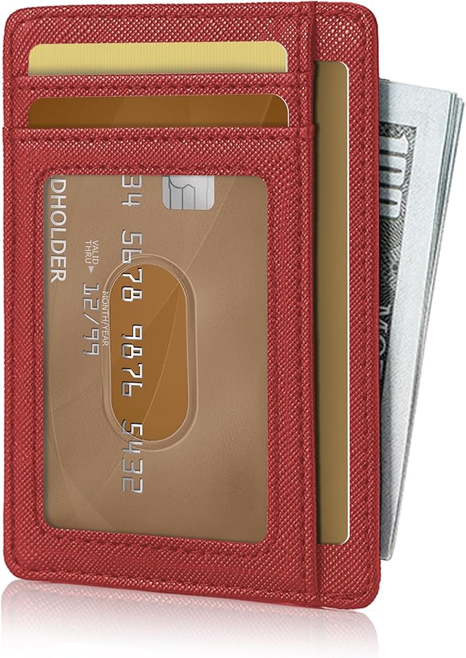 Hoewina Slim Wallet for Men, Credit Card Holder Wallet, Minimalist Design - RFID Blocking Front Pocket Leather Thin Wallet for Men and Women（Cross Cherry Red）