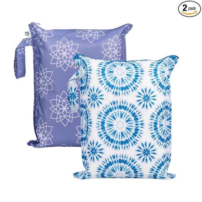 Tiny Twinkle Mess Proof Wet Bags | 2-Pack Reusable Waterproof Wet Bags for Swimsuits | Baby Clothes | Travel & Diaper Bag (Lotus,Blue Tie Dye)