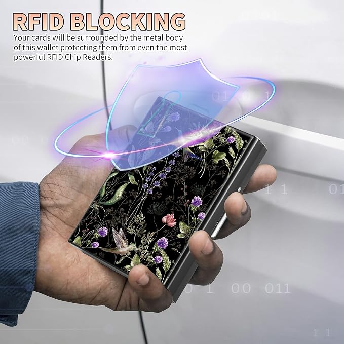 Slim Credit Card Holder, Wild Flower Hummingbird RFID Blocking Metal Wallet for Men & Women, Aluminum Minimalist Hard Case Pocket-Sized Business Cards Organizer (Fits Up to 10 Cards)