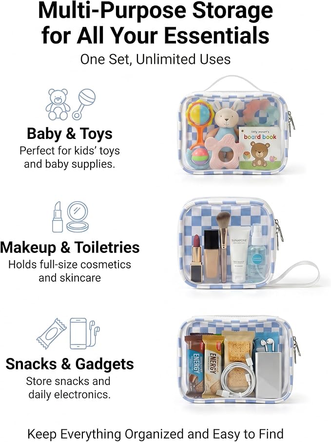 LETGO Blue Checkered Diaper Bag Organizer Pouch Set,TSA Approved Toiletry Bag,Clear Waterproof TPU Makeup Bag Set Travel Organizer Bags for Women and Kids Toiletry Bag Set for Baby and Mom Essentials